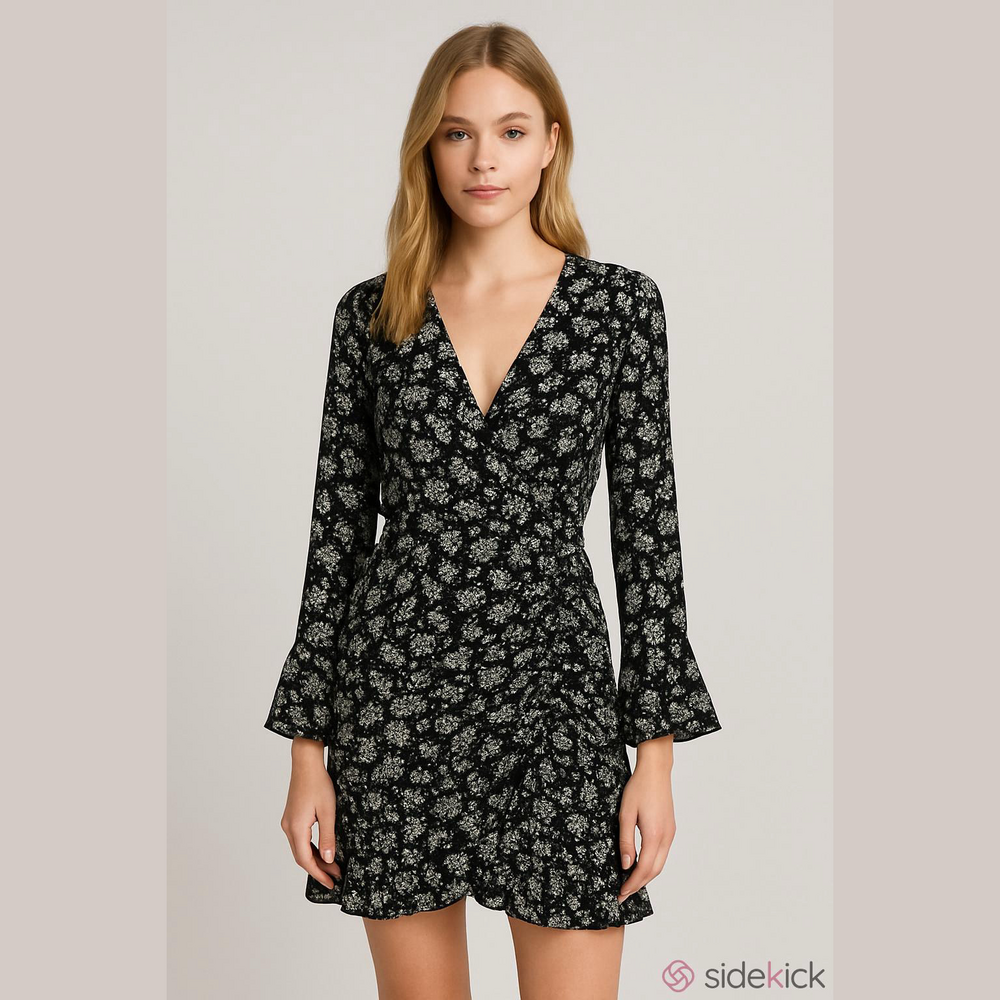 Veronica Beard Sean Dress 12. Wrap top ruched skirt silk bell sleeve black blue